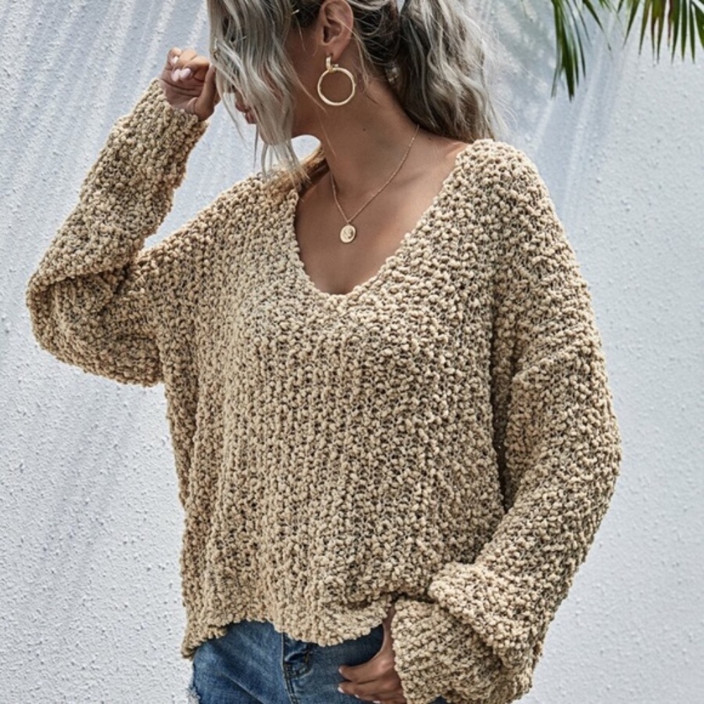 Cozy Khaki Tan oversized off shoulder popcorn sweater - Picture 4 of 10